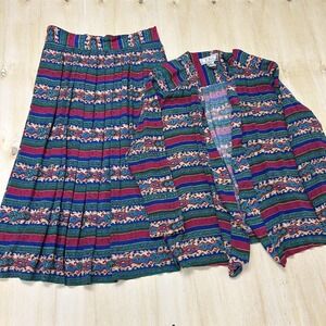 Vintage Lee David Collection Jacket Skirt Set Womens Large Multicolor Rayon